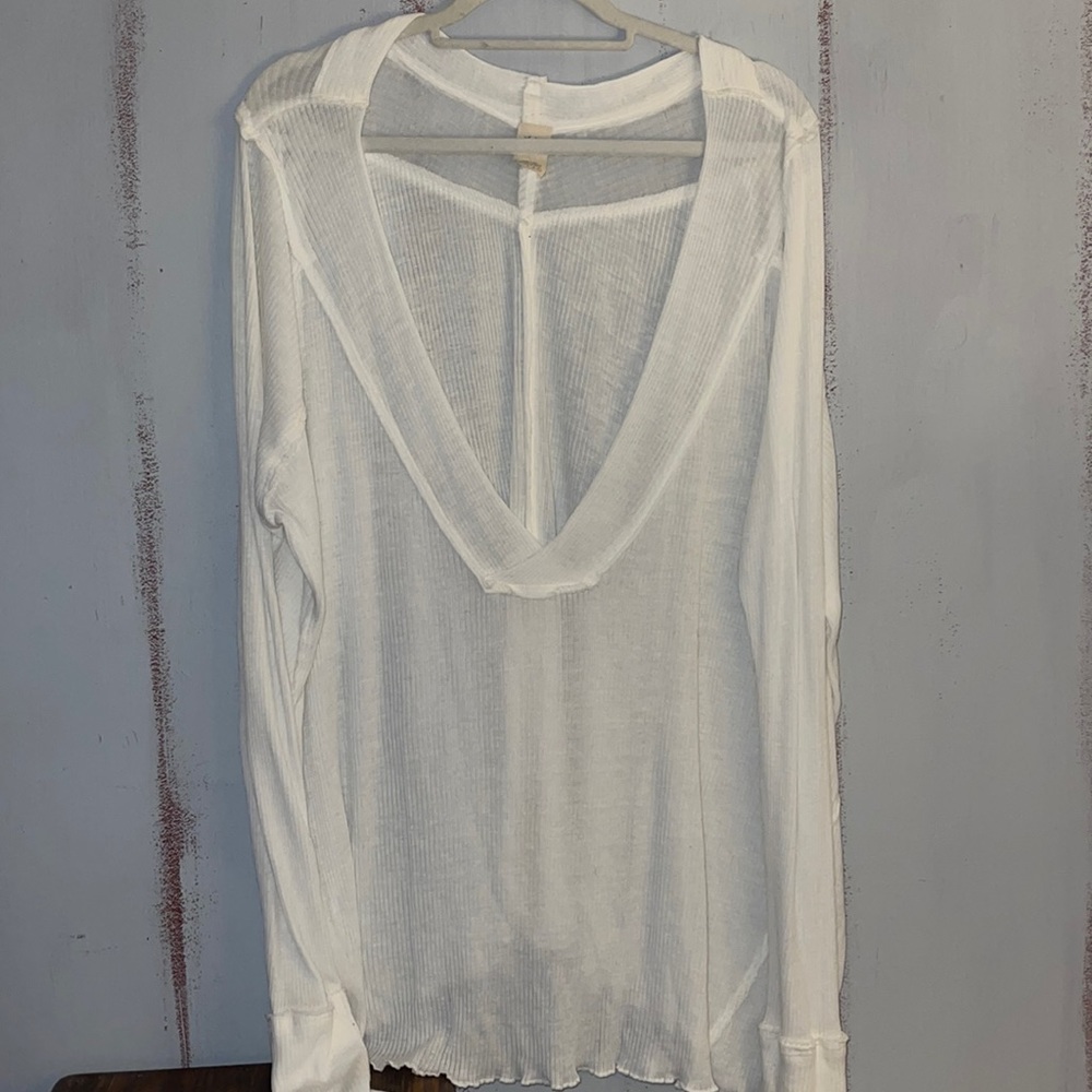 Free people women L deep v ribbed thick sleeve scallop hem rough hem tunic